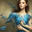 Placeholder: bueatiful woman in blue dress, bird