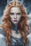 Placeholder: Vampire, eye candy Alexandra "Sasha" Aleksejevna Luss oil paiting style Artgerm Tim Burton, subject is a beautiful long ginger hair female in a Viking on ice in a snowy sea Hans Ruedi Giger style