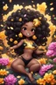 Placeholder: A sassy thick-lined airbrushed cartoon black chibi girl lounging lazily on her side, surrounded by flower petals. She has a golden lion tail curling playfully behind her curvy body. Looking up coyly, she grins widely, showing sharp lion teeth. Her poofy hair forms a mane framing her confident, regal expression.