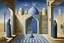 Placeholder: an open gothic_arab gate in a blue-tiled wall with a view of an old city by artist "Rene Magritte",by artist "Leonora Carrington"