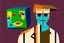 Placeholder: man with head inside a tv box in the style of Eileen Agar