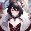 Placeholder: Clear focus,High resolution, black short fluffy hair, long fluffy bangs, and red eyes, Depressed girl, wearing a genshin impact outfit,slight revealing outfit, Smug smile, half closed eyes, smile, full body, Extreme close up, smiling, eyes close, Extreme Close up