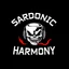 Placeholder: A minimalist logo for a rock band. The text "SARDONIC HARMONY" is written in a futuristic, robotic font. Below the text, there is a sinister, evil marshmallow head with headphones. The marshmallow head is breathing red flames. The background is dark. The logo has a horror theme. It is inspired by the styles of Ed "Big Daddy" Roth