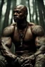 Placeholder: Alimi Ballard Very muscular man bald with tribal tattoos bare chested in forest, realistic face, close-up, dark fantasy, smoke in the sky, intricate details, hyper detailed