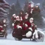 Placeholder: multiple santas driving a motorcycle arround christmass tree