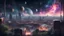 Placeholder: the view outside a window into a sparsely populated city that´s built on an asteroid. the scene is a calm night in outer space. trains are travelling through the city which is largely overgrown and has many waterfeatures. in the sky is a colourful nebula