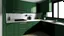 Placeholder: kitchen with dark green furniture, on the left side by the window from the bottom up, a microwave and an oven installed in the furniture, and on the right side and next to it an induction hob and a cooker hood above it, on the right side there is a sink and a dishwasher underneath it