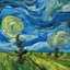 Placeholder: A pale blue sky with windy tornadoes painted by Vincent van Gogh