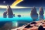 Placeholder: exoplanet in the horizon, big stones, lagoon, cliff, science fiction, epic scene.