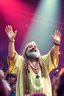 Placeholder: airbrush with pen outline, cartoon, anime, saddam husssain as cult leader hippie on stage raised hands having fun in a festival in the 60s, goa psy ambient in the style of vangelis and fsol, source vibrations, bokeh like f/0.8, tilt-shift lens 8k, high detail, smooth render, down-light, unreal engine, prize winning