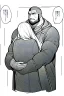 Placeholder: man in raincoat hugs girl, line arts, greyscale