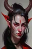 Placeholder: Portrait of a young and beautiful female Tiefling bard with bright red skin, two horns emerging from her forehead and long black hair with sidebangs and a ponytail.