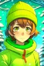 Placeholder: Girl with short brown hair, red eyes, green sweatshirt with a horizontal yellow stripe, he is wearing a Christmas hat, and in the background there are trees in the cold winter with lots of snow, Anime manga style