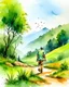 Placeholder: middle aged man walking alone in landscape smala mountains, green trees, birds in backdrop water color