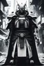 Placeholder: samurai robot in black and white cloak in a cyberpunk environment