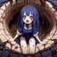 Placeholder: Anime girl with big eyes, darkblue and sepia tones, fullbody, slime, the perspective looking up from the bottom of an empty well, rolling eyes, tongue out, blood drip, open mouth,