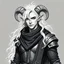 Placeholder: rpg illustration, d&d, fantasy, male, long platinum wavy haired albino tiefling, mid twenties, red eyes, small ram horns curling down, kind face, wearing a cropped armor showing the belly, a long flowing scarf wrapped arround the neck, charcoal sketch