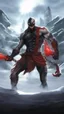 Placeholder: A close picture of Venom symbiote with kratos red tattoos and Clothes, holding blade of choice