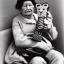 Placeholder: Old photo grandma with lion and zip mouth toy