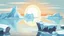 Placeholder: cartoon illustration: nature with icebergs and frozen sea, sun in the sky