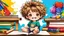 Placeholder: detailed digital art style, cute anime, detailed chibi face with smile, sitting on school desk in hand a bear toy, in colorful t-shirt and short paint, , messy hair random drawing background, child book style, highly detailed, no photorealism