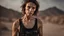 Placeholder: beautiful anorexic caucasian female technician, black tank top, well toned muscles, weathered face, scratched sand camo metal details, short brunette wavy bob haircut, dystopian, desert scene, pulling a knife