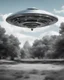 Placeholder: Design a futuristic, silver UFO hovering in a clear blue daytime, photorealism, surrealism, black and white photography, analog film, highly detailed