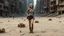 Placeholder: A slender 50-year-old woman, in brown shorts, a shirt and boots, one hand on hip, the other holding a backpack, standing in a deserted, empty, dead sci-fi city, with small clumps of strange plants and fungi