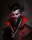 Placeholder: Full Portrait, Humanoid male, demonic tiefling, pirate scoundrel, happy dangerous, red coat, pale gray skin, black hair, black beard, short beard goatee, gunslinger, mood lighting dark, underground,