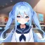 Placeholder: Clear focus, High resolution, long fluffy light blue hair, hair between eyes, long locks, wearing a sailor uniform, wearing a sailor skirt, long black socks, 1girl, cartoon, cute, UNFOTABLE studio