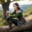 Placeholder: [high res haiku Ink splatter, bokeh] youthful Winona Ryder as an elf in dusty armour drinking Miruvor in a carved goblet, she sits on a log on a hill, in front of a wonderful landcsape, she is bold and has no inhibition
