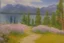 Placeholder: Mountains, lake, flowers, pathway, pine trees, clouds, otto pippel impressionism painting