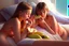 Placeholder: Digital painting of two beautiful young teenage girls in a swimsuit on a bed. eating a banana. with dad, artstation, 8k, extremely detailed, ornate, cinematic lighting, vivid.