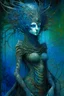 Placeholder: A beautiful girl with a colorful peacock hair , full body , front view . decayed and rotting with grotesque proportions and imagery. grotesqueries, detailed texture, surreal horror, biomechanical design, by hr giger and beksinski , on blue color