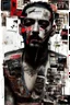 Placeholder: Ultra detailed medium portrait painting of a man, sitting on chair,ex-ganster in jail tattoos, rough look, bold,mascara, evil look, chaos dark background,torn up collage of photo clippings, broken circuitry background, matrix effects, punk visual art, punk art aesthetic, graffiti art, pop surrealism, collage art, cluttered paint glitches