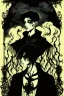 Placeholder: 17 year old boy, necromancer, friendly, looks dead, surrounded by weird smoke with eyes, wearing black robes, in the style of Harry Clarke