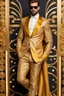 Placeholder: Facing front man modeling cat walk fashion show in suit adorned with a golden ornaments Klimt-inspired masterpiece.