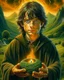 Placeholder: A dramatic, cinematic illustration of Frodo Baggins from "The Lord of the Rings," holding the glowing One Ring in front of him with a solemn expression. He wears a dark cloak, standing against a shadowy backdrop. Emerging from his chest is a surreal, split landscape: on one side, the peaceful Shire with lush green hills, hobbit holes, and a large tree; on the other, a fiery wasteland with Mount Doom erupting, lava flowing, and a dark army marching toward the volcano. Using rich textures and moo
