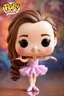 Placeholder: Funko Pop, very young female 12 , long wavy brown hair, pink ballerina dress, ballet pose, smiling, very happy, colorful background, face painted, typography, 3D render.