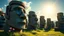 Placeholder: calm beauty, fantasy, magic, splendor, uplifting, inspiring, therapeutic, Easter Island stone statues with faces, some wearing spectacles, springtime, sunlight, chiaroscuro, color, award-winning colour photograph, Nikon 135mm, style Disney, style Salvador Dali