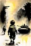 Placeholder: The nightmare small child having a bag pack walks in the streets, at war , a tank in the street with soldiers illustration by Stephen Gammell