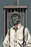 Placeholder: a man wearing a gas mask and wide brimmed flat top het and standing by an electric chair, graphic novel