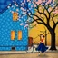 Placeholder: 🔥 PROMPT: A pointillist painting in Klimt’s style depicting a dreamy street scene. A textured blue house with three windows stands as the focal point, its facade shimmering with intricate dots. A tree with twisting branches and pink blossoms extends overhead, blending with golden-hued foliage. A woman in an orange top and deep blue skirt walks beside her bicycle, lost in thought. Klimt-inspired patterns, stippled details, and a harmonious palette of blues, golds, and pinks create a luminous, no