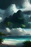 Placeholder: ultra-realistic, tropical, lush, storm clouds, islands, mountains, beach