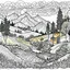 Placeholder: Outline art for coloring page with a cute mountain landscape white background, sketch style, only use outline, clean line art, white background, no shadows, clear outline reprezentand o imagine pe tema halucinatiilor provocate de droguri , cu culori primare tari, fantezie de înaltă definiție calitate clară, stiluri de Utagawa Hiroshige, Paul Klee Dee Nickerson și Tim Burton, acuarelă topită și contururi de cerneală neagră pe hârtie umedă, linii moi, umbrite