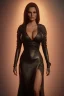 Placeholder: Raquel Welch in a black leather gown, evil, femme fatale, villain, leather, busty, cleavage, angry, stern look. character design by cory loftis, fenghua zhong, ryohei hase, ismail inceoglu and ruan jia. unreal engine 5, artistic lighting, highly detailed, photorealistic, fantasy