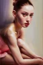 Placeholder: close up realistic portrait of a beautiful ballerina, stretching next to a mirror, only ballerina shoes, in impasto style, thick strokes of oil paint, realistic thick textures