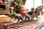 Placeholder: A high-resolution, high shutter speed photograph, kinetic, a toy sleigh being pulled by gray mice across an oriental run in a living room, cat sitting in a sleigh holding a whip, sharp focus, blurred background,