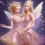 Placeholder: blond beautiful princess fairy with sparkle dress with pink castle background