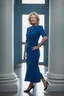 Placeholder: Powerful classical portrait of a modern blonde politician in her late 50s wearing a blue dress standing in a powerful position a little zoomed out